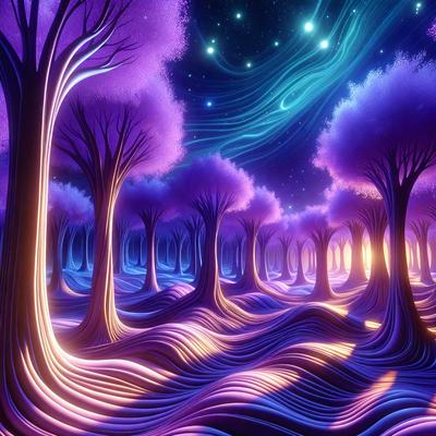 The primary subject of the image is a purple tree with a blue sky in the background. The setting appears to be a forest with multiple trees, creating a serene and peaceful atmosphere. The visual style of the image is digital art, as it is a colorful and vibrant illustration. The dominant colors in the image are purple and blue, which contribute to the overall mood of the scene.